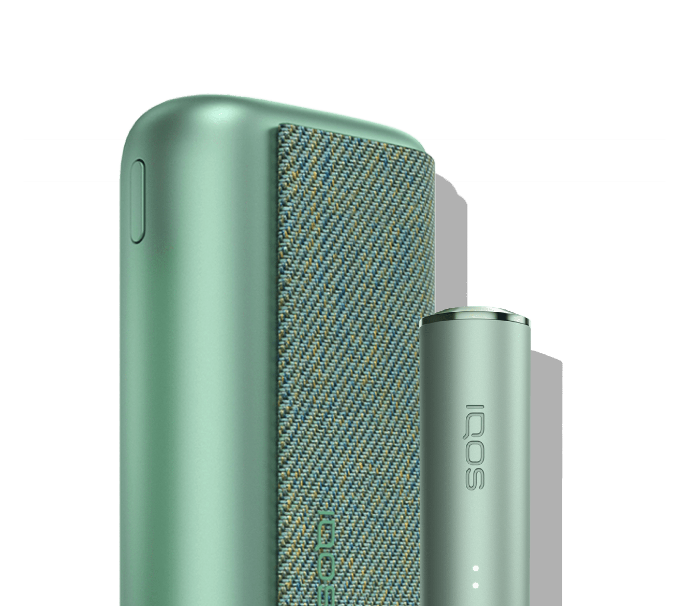 Un cargador de bolsillo y un dispositivo IQOS ILUMA PRIME color Jade Green.