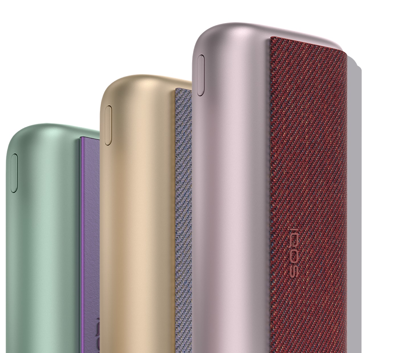 Tres dispositivos IQOS ILUMA PRIME. Colores Jade Green, Gold Khaki y Bronze Taupe.